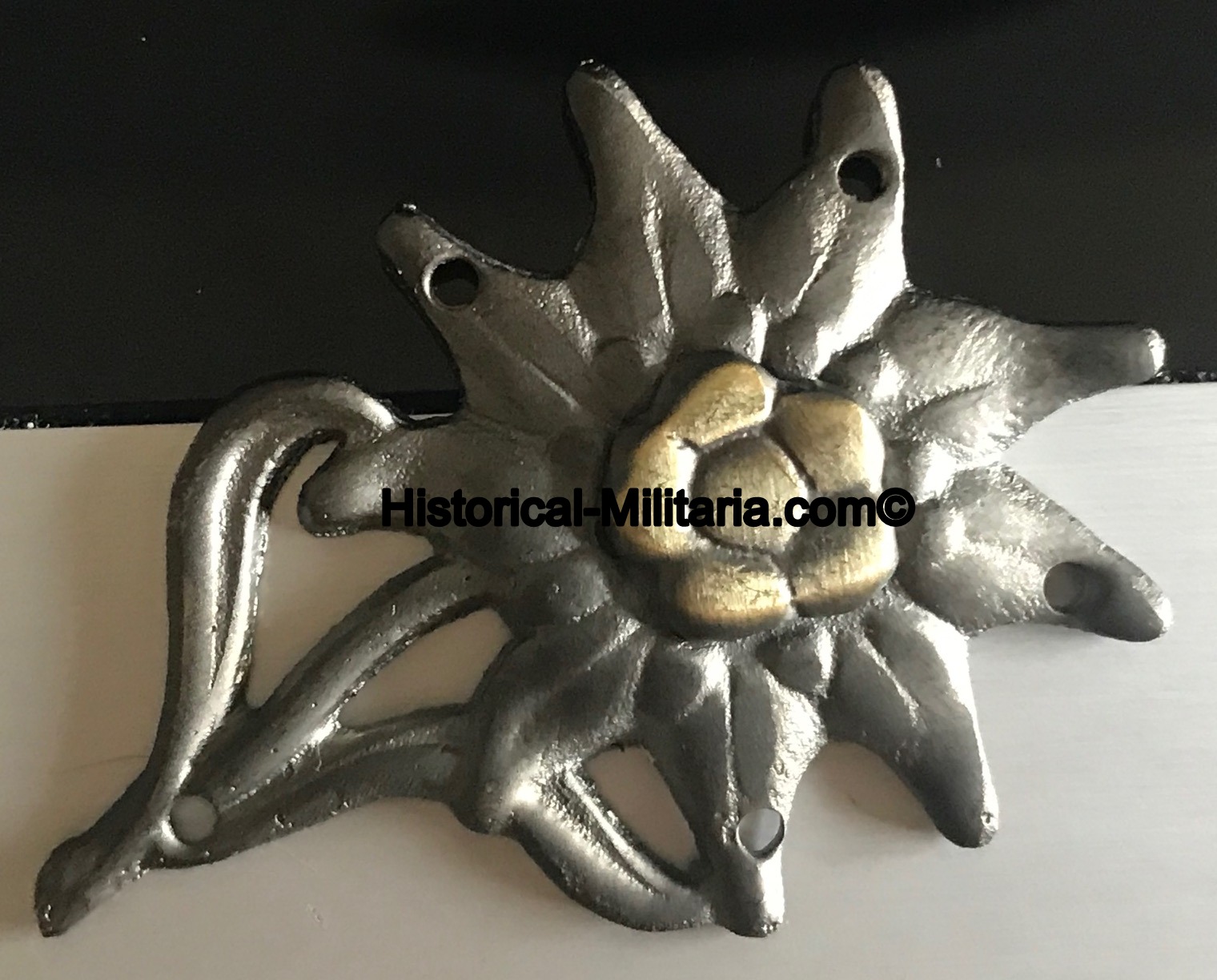 Wehrmacht Mountain Trooper's Cap Edelweiss for German Field Cap with 5 holes with 42 inprint - Mützenedelweiss Heer grau Jägertruppe - Edelweiss in metallo Bergmütze cacciatore di montagna della Heer Wehrmacht Mountain Trooper's Cap Edelweiss for German Field Cap with 5 holes with 42 inprint - Mützenedelweiss Heer grau Jägertruppe - Edelweiss in metallo Bergmütze cacciatore di montagna della Heer