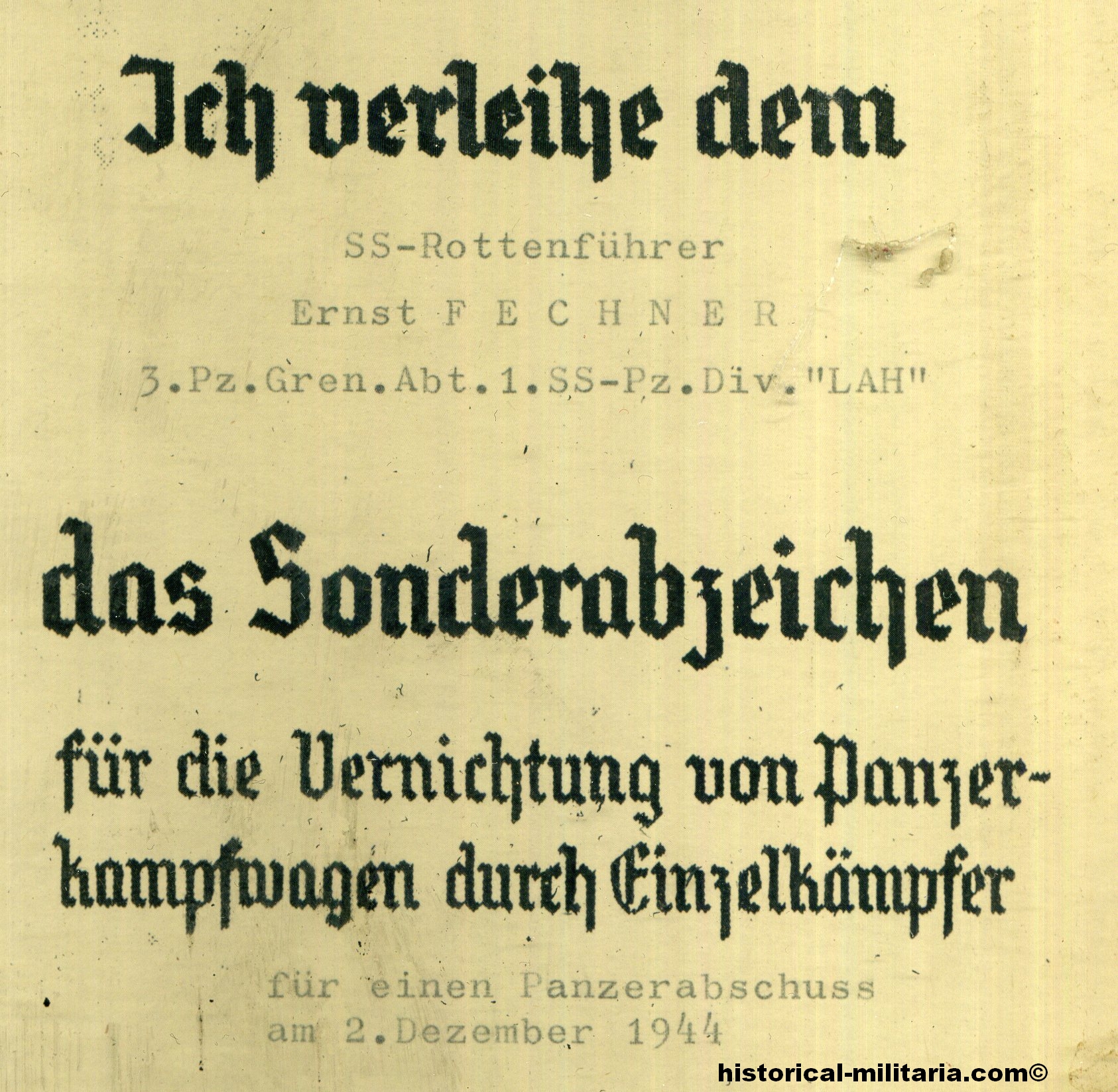 Leibstandarte SS Urkunde Verleihung Sonderabzeichen Panzervernichtungsabzeichen - SS Leibstandarte framed award with Tank Destruction Badge - Certificato delle SS con distintivo di distruttore di carri Leibstandarte SS Urkunde Verleihung Sonderabzeichen Panzervernichtungsabzeichen - SS Leibstandarte framed award with Tank Destruction Badge - Certificato delle SS con distintivo di distruttore di carri